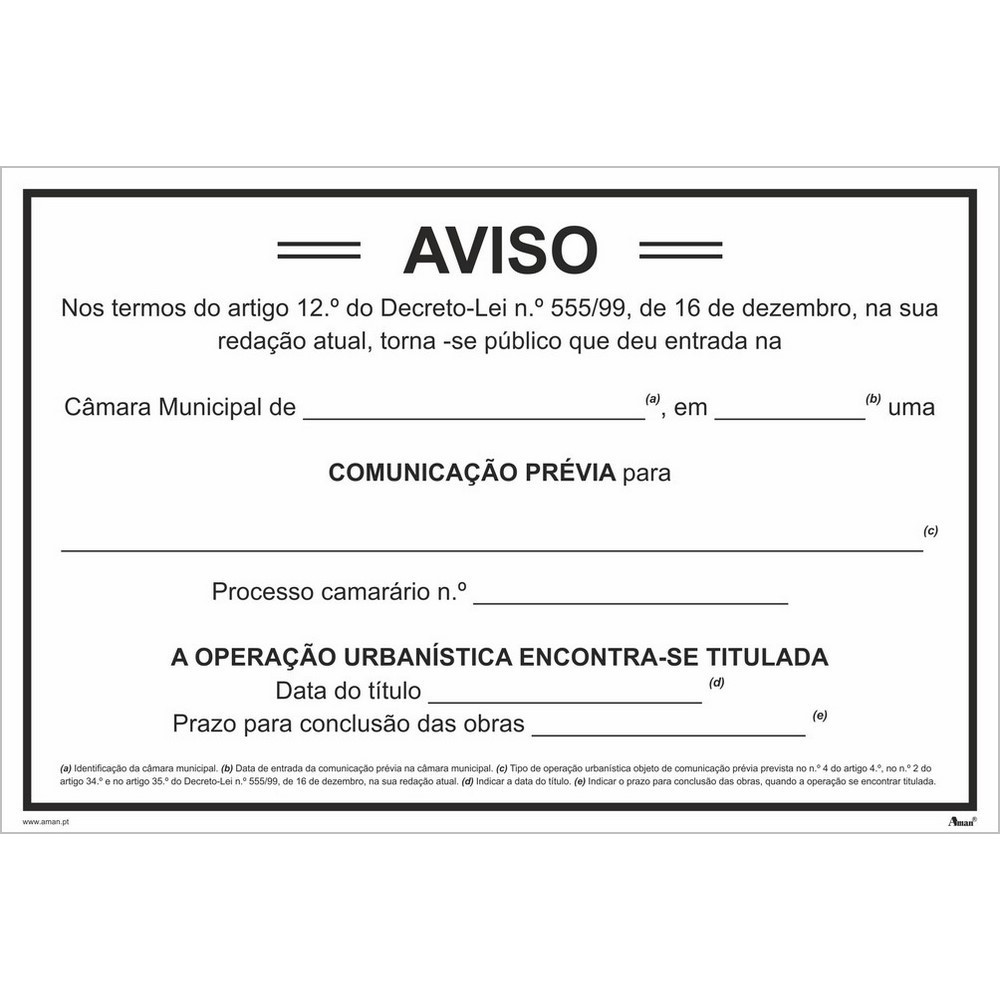 Aviso 21 - Comunicação prévia - Operação titulada